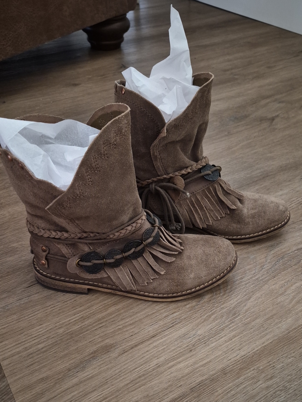 Musse & Cloud Taupe Suede Fringe & Braided Ankle Boots